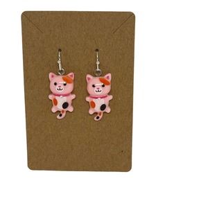 Pink Cat Earrings Dangle Resin - Hypoallergenic